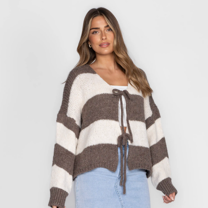 Bow Charm Striped Cardigan