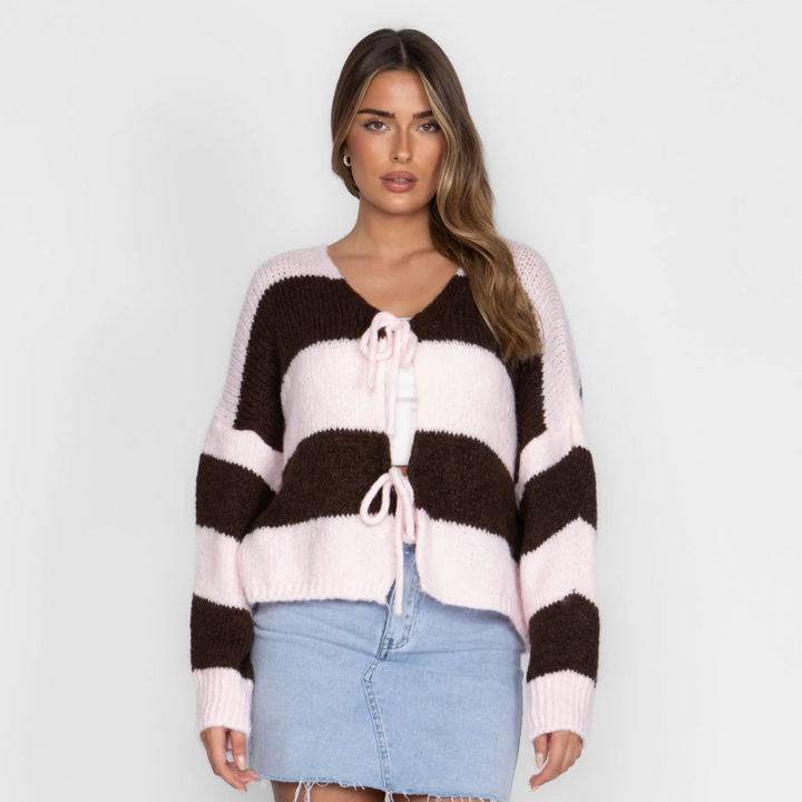 Bow Charm Striped Cardigan