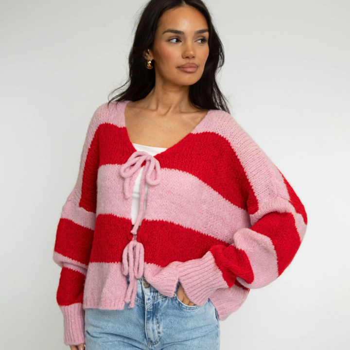 Bow Charm Striped Cardigan
