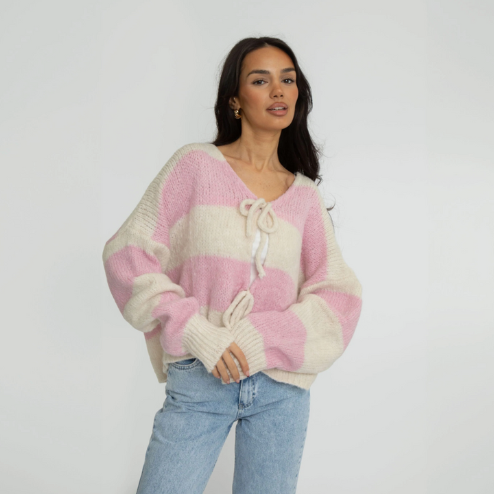 Bow Charm Striped Cardigan