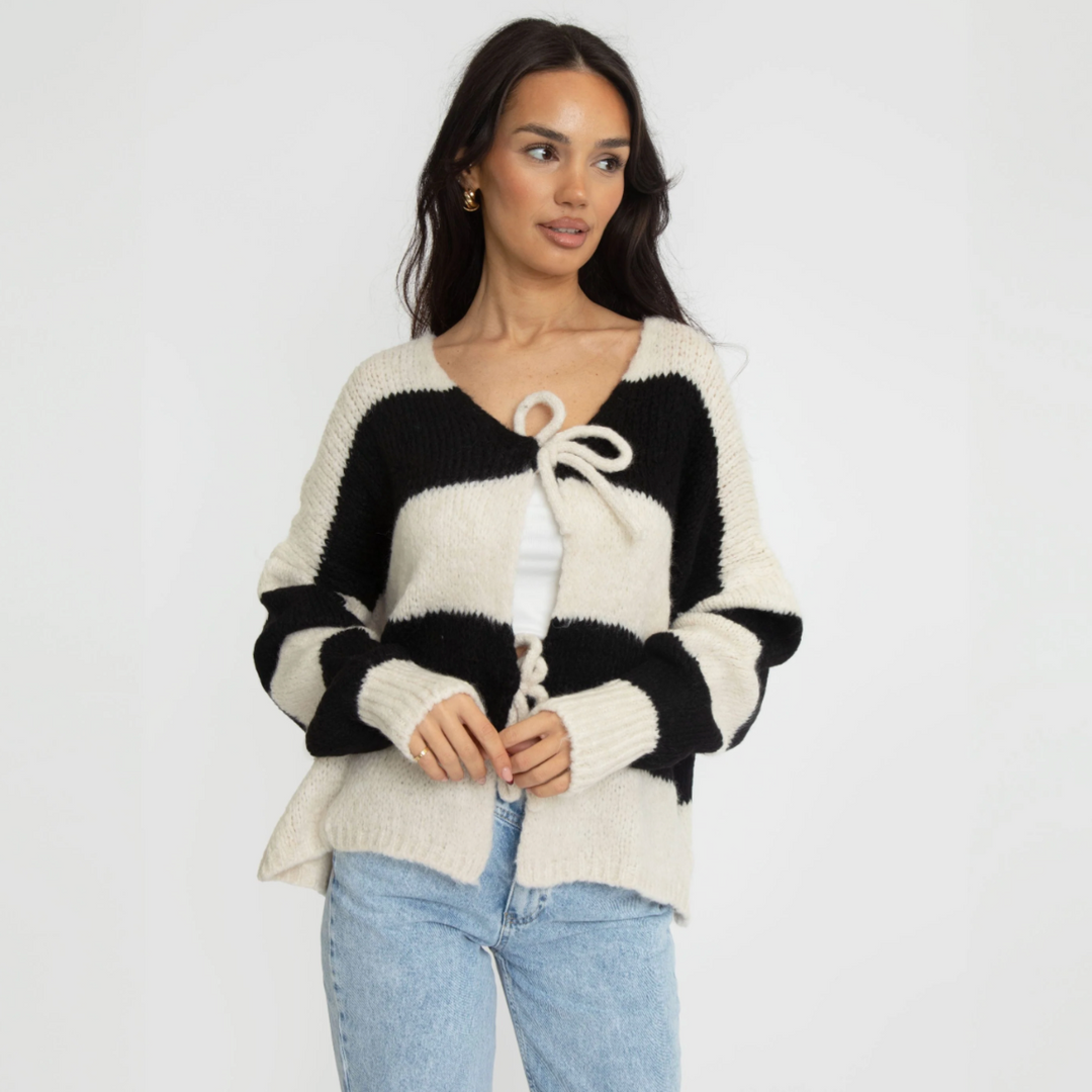 Bow Charm Striped Cardigan