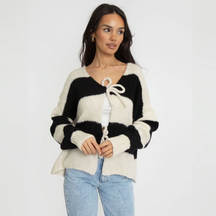 Bow Charm Striped Cardigan